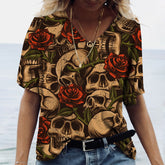 Kurzarm-T-Shirt mit V-Ausschnitt und Totenkopf-Print
